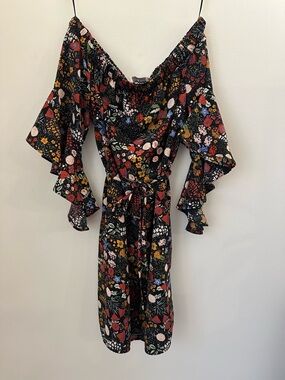 Cache Cache Floral Off Shoulder Mini Dress Ruffle Sleeves Black Size 36